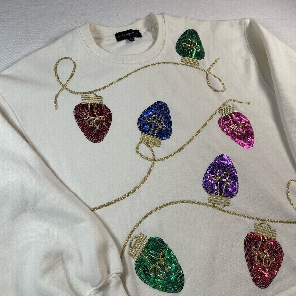 State of Mine Ivory Crewneck Sweater with Multicolor Sequin Lights holiday xmas